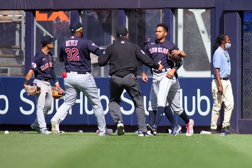 Cleveland Guardians outfielder Oscar Mercado had to be physically restrained after he took exception to New York Yankees fans throwing garbage onto the field to celebrate their walk off win courtesy of second baseman Gleybar Torres.