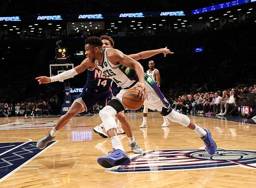 Giannis Antetokounmpo during the Milwaukee Bucks v Brooklyn Nets game on Thursday night