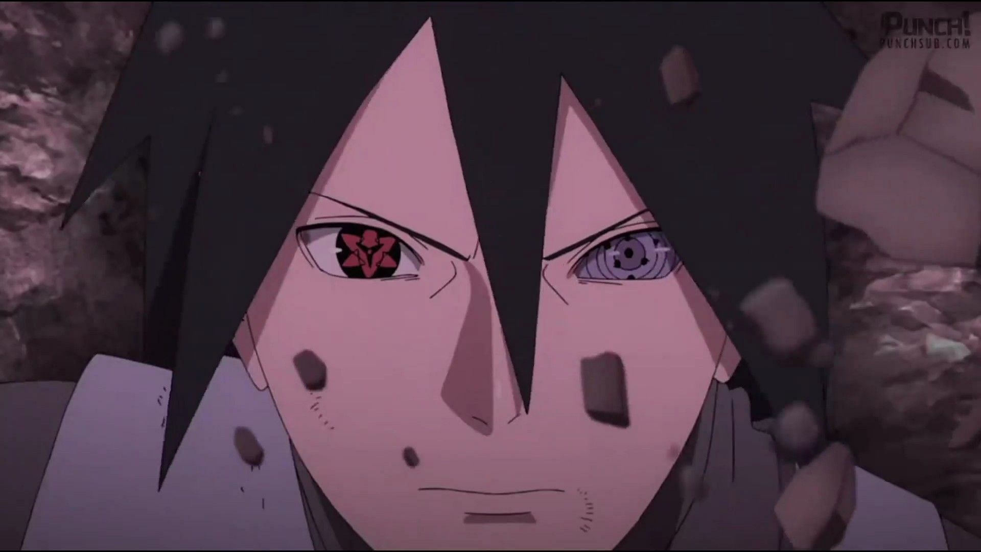 Sasuke&#039;s Rinnegan seen in his left eye in the Boruto anime (Image via Studio Pierrot)