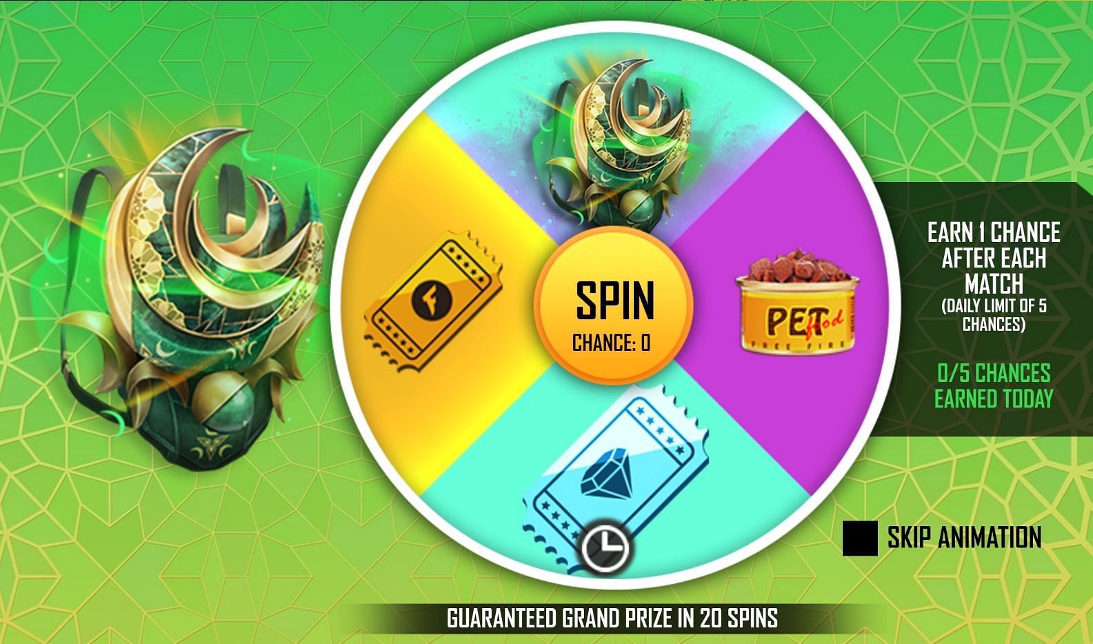 Players are guaranteed the rewards in 20 spins (Image via Garena)