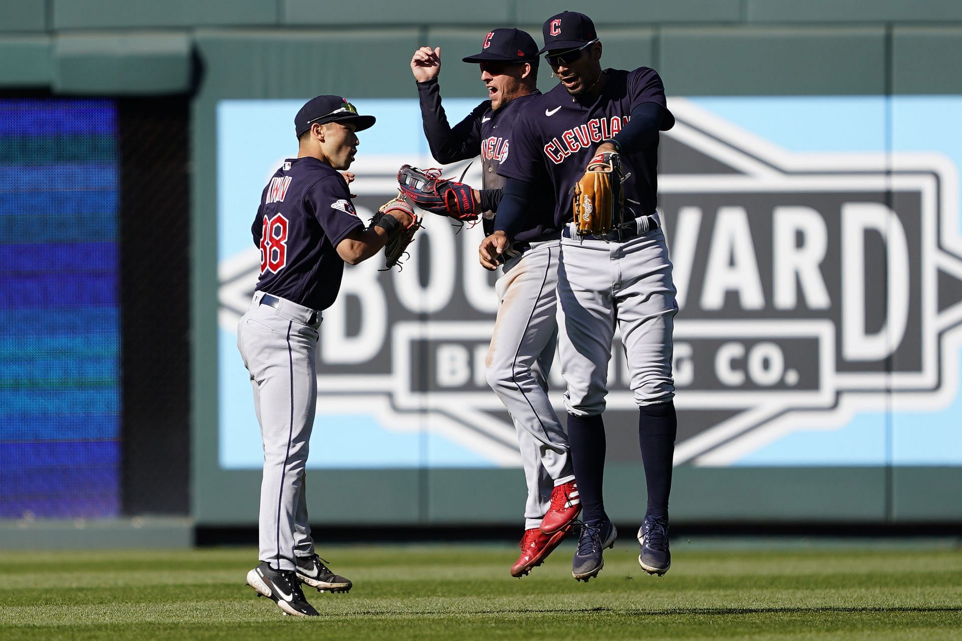 The Cleveland Guardians celebrate a victory against the Kansas City Royals. 