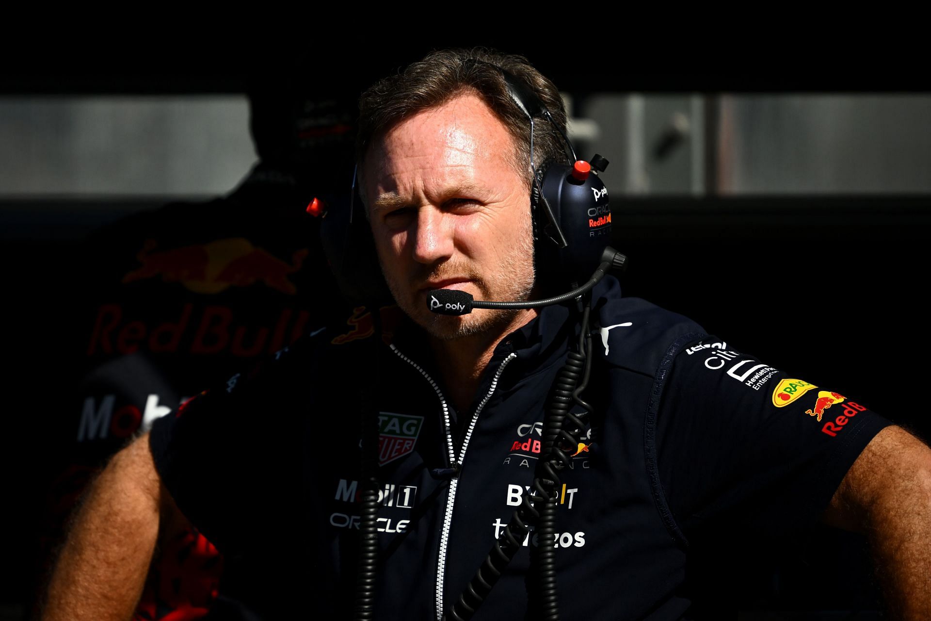 Red Bull Racing Team Principal Christian Horner looks on from the pitwall during practice ahead of the F1 Grand Prix of Australia at Melbourne Grand Prix Circuit on April 08, 2022 in Melbourne, Australia. (Photo by Clive Mason/Getty Images)