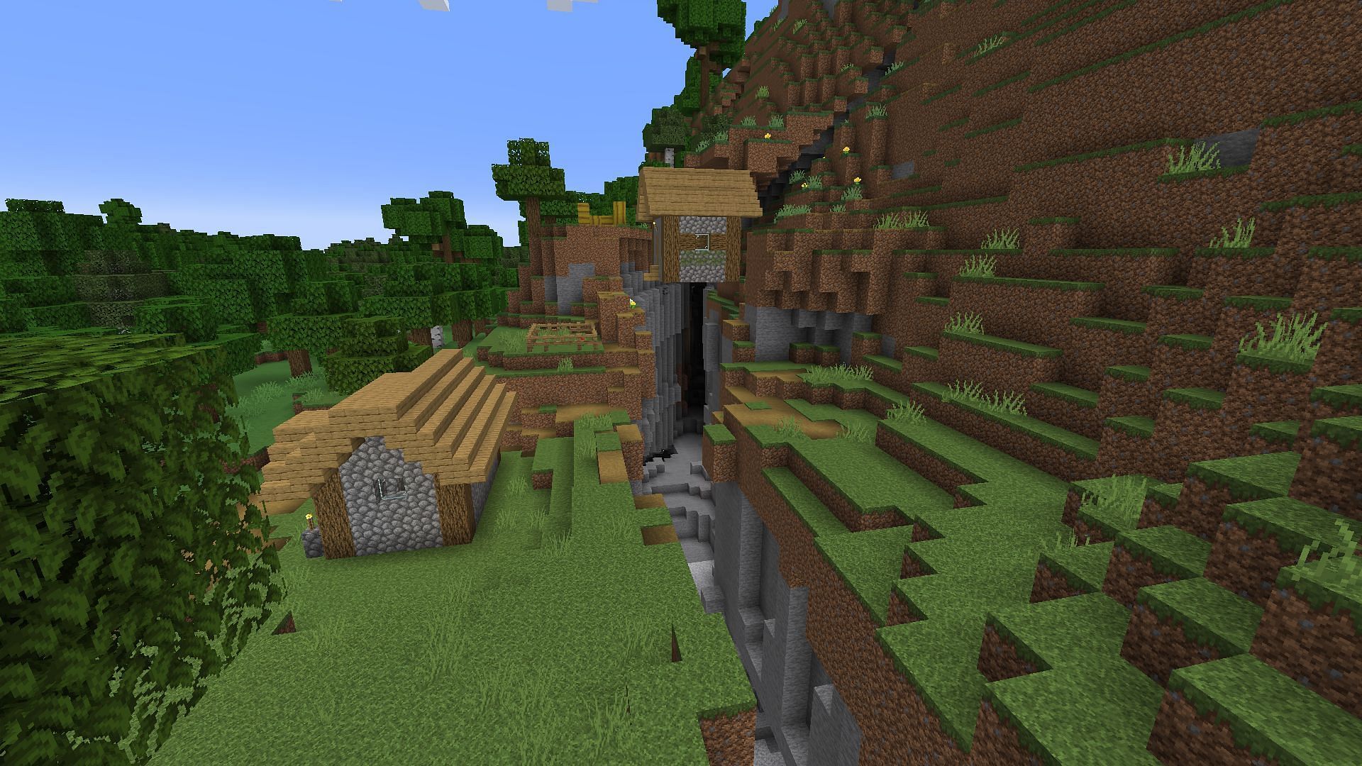 The hut floating over the ravine (Image via Minecraft)