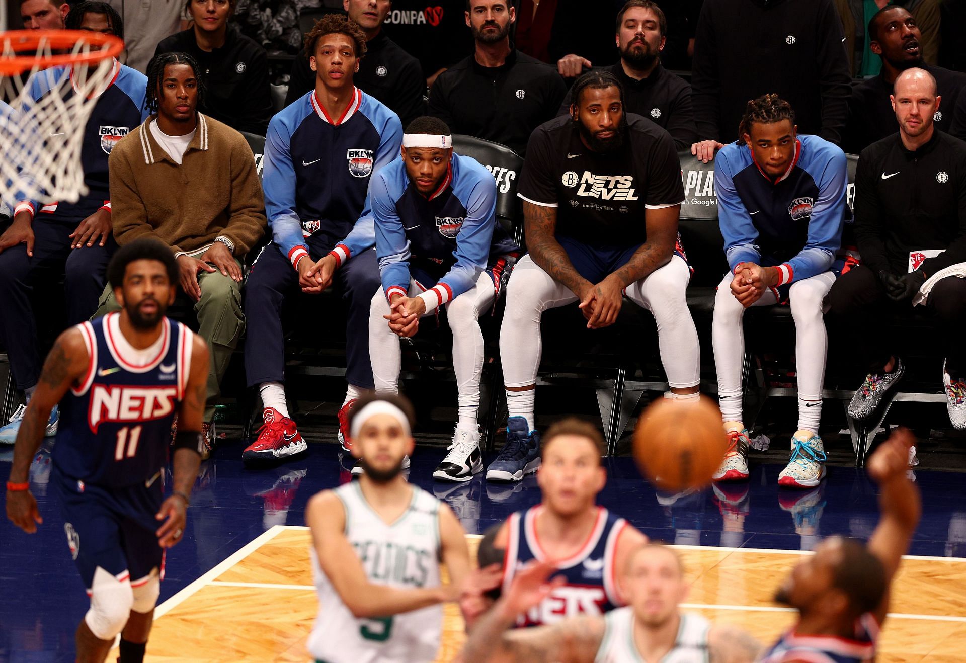 Brooklyn Nets&#039; bench looks on at the final minutes of Game 4