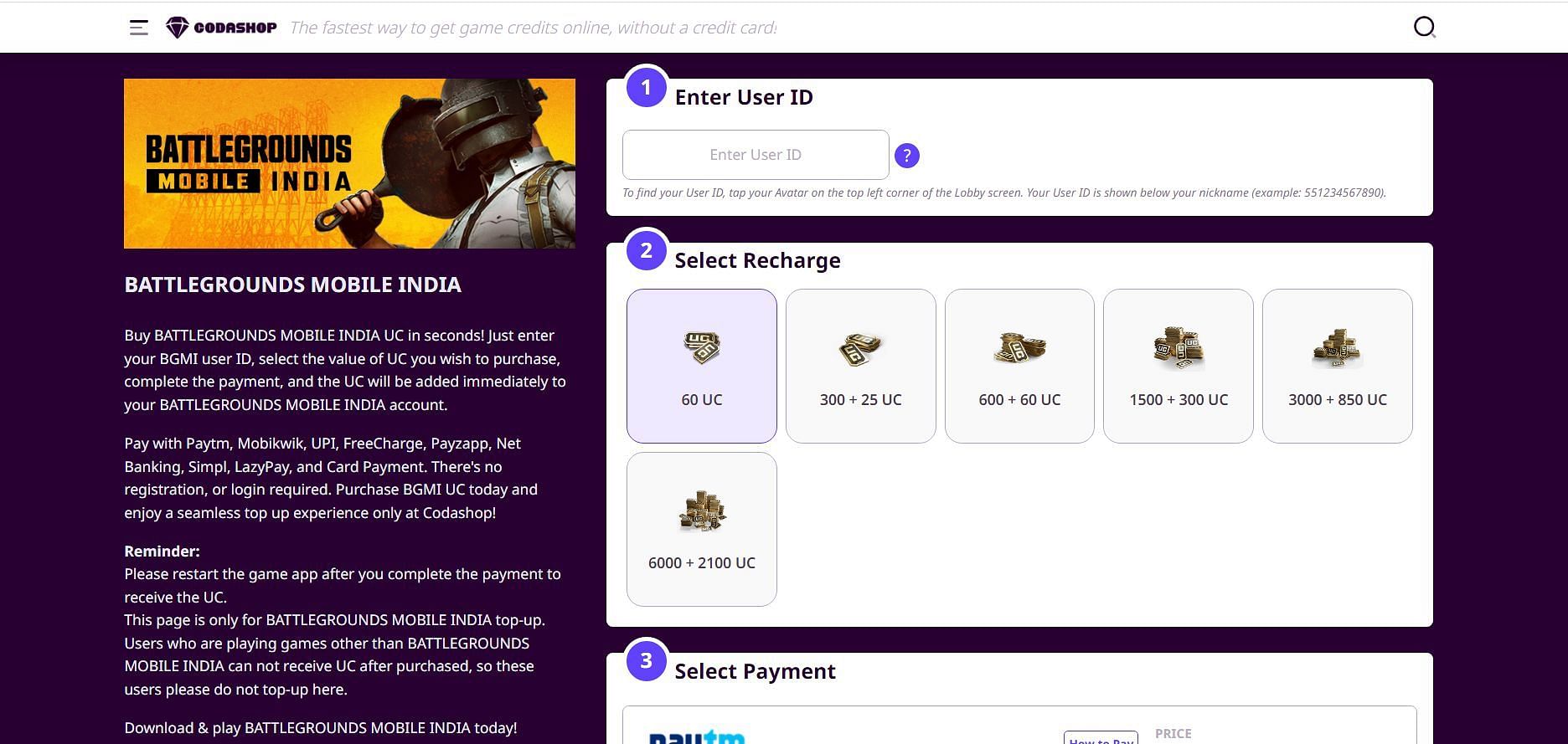 Paste UID and select recharge amount (Image via Codashop)