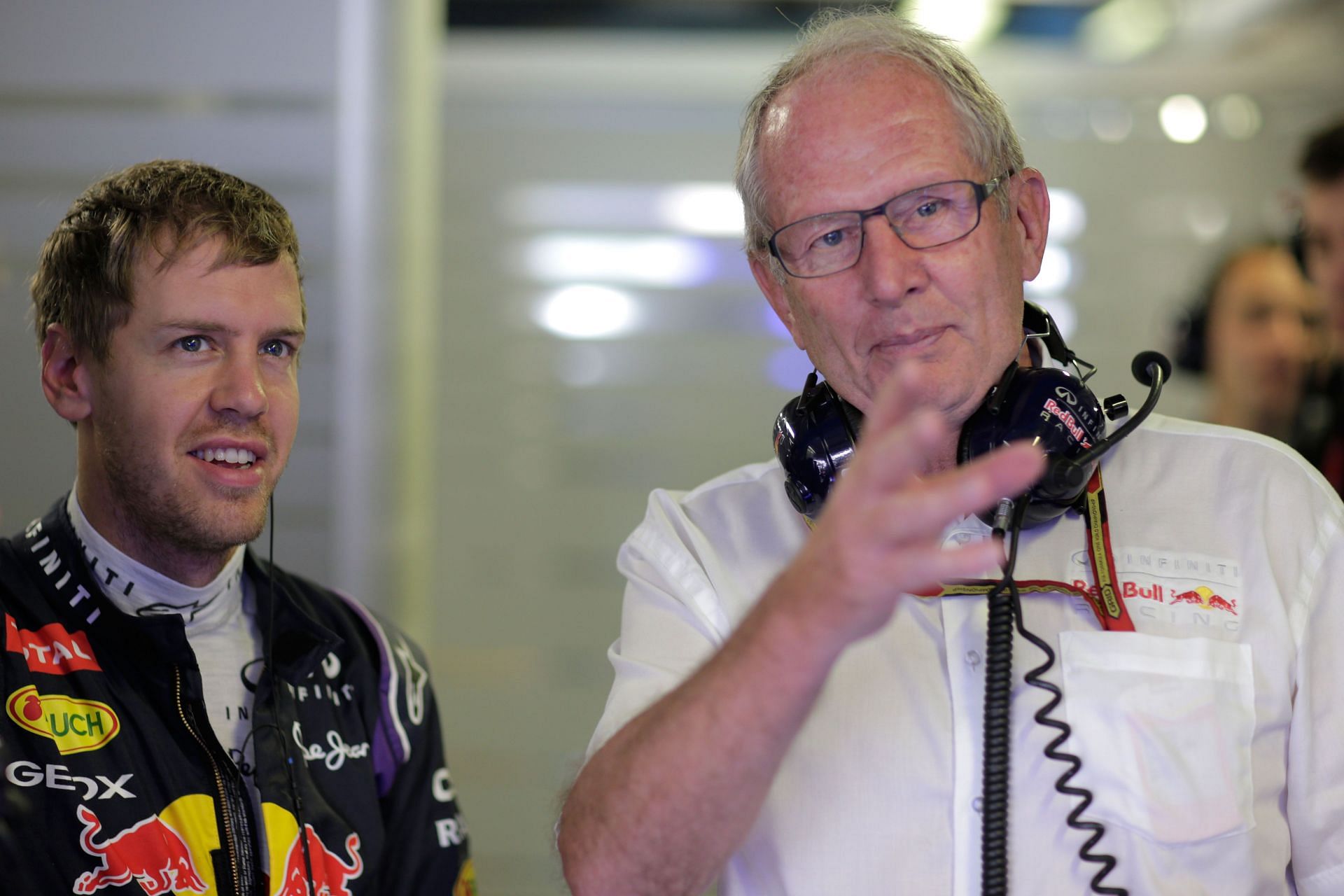 Sebastian Vettel and Dr Helmut Marko the Red Bull Motorsport Consultant in Monza at the 2014 Italian GP. (Photo by Adam Pretty/Getty Images)