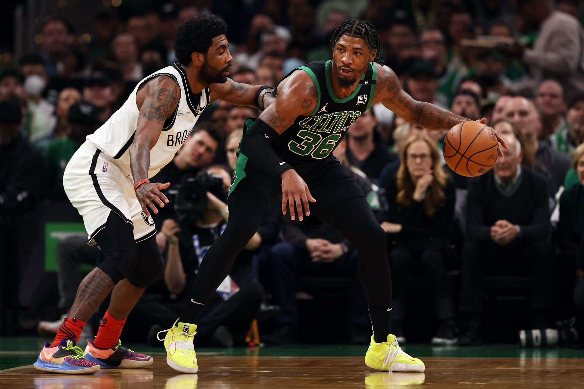 Marcus Smart in action against Kyrie Irving and the Brooklyn Nets.