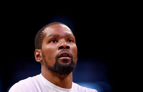 Kevin Durant of the Brooklyn Nets warms up before Game 4.