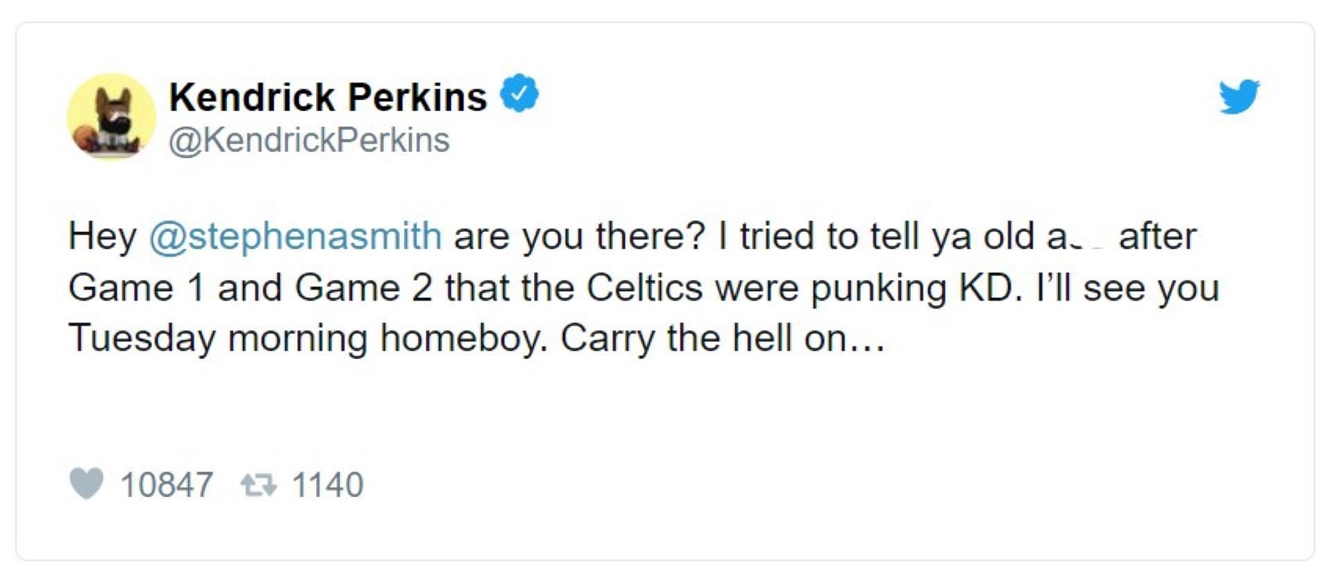 Kendrick Perkins' tweet directed at Stephen A. Smith after Brooklyn Nets' Game 3 agaisnt Boston Celtics  (Image via @KendrickPerkins/Twitter)