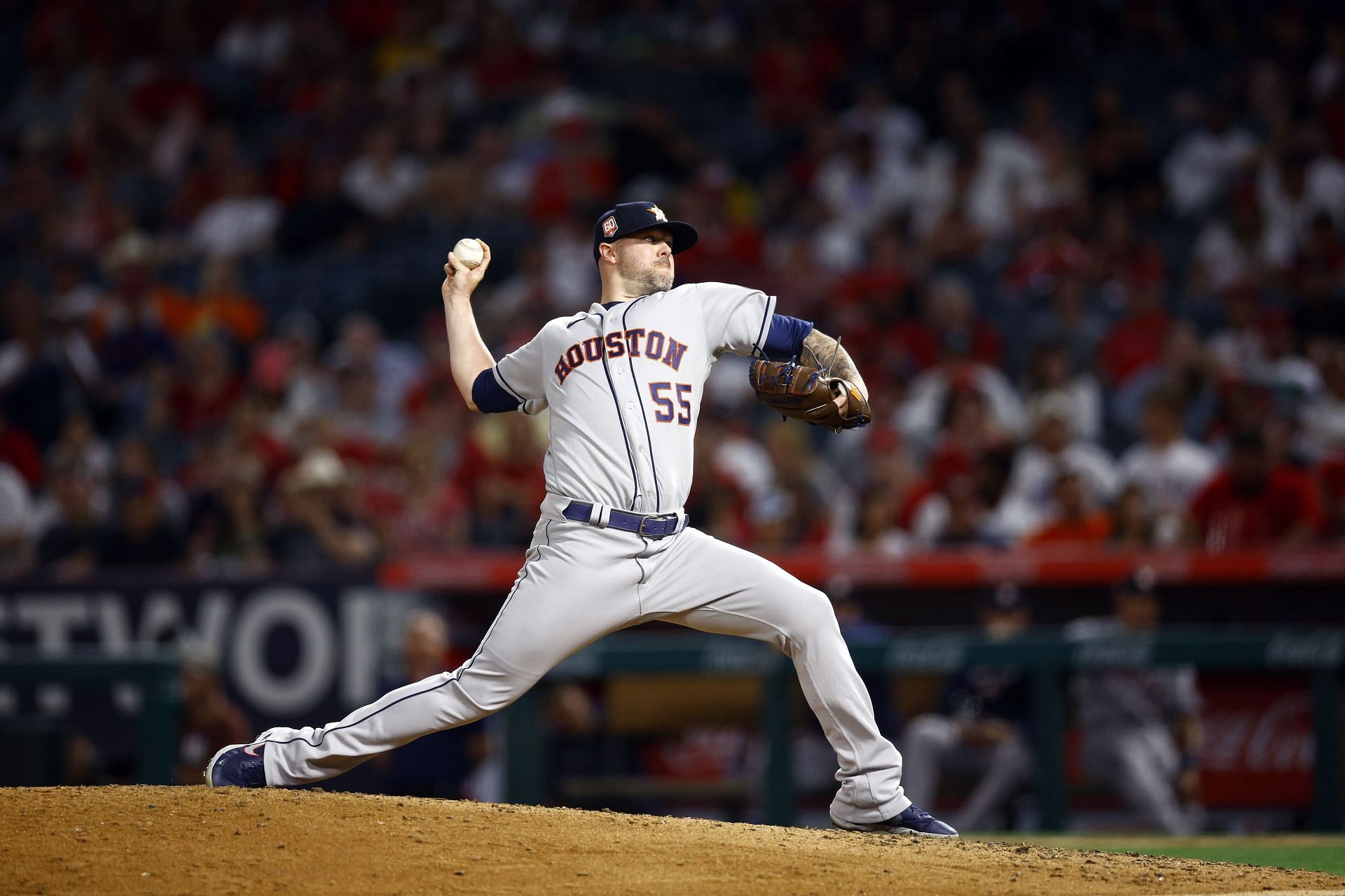 Ryan Pressly pitches earlier this season in a Houston Astros v Los Angeles Angels game.