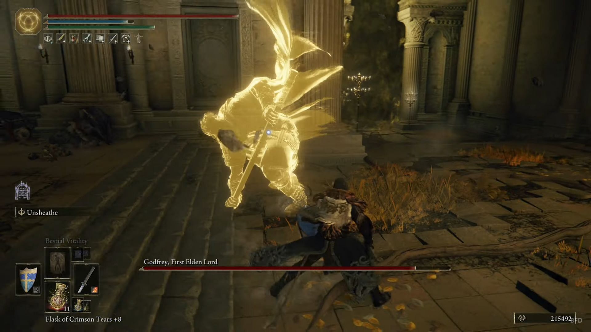 The fight against Godfrey&#039;s ghost in Elden Ring can be a problem on account of his long sweeping attacks (Image via Boss Fight Database/Youtube)