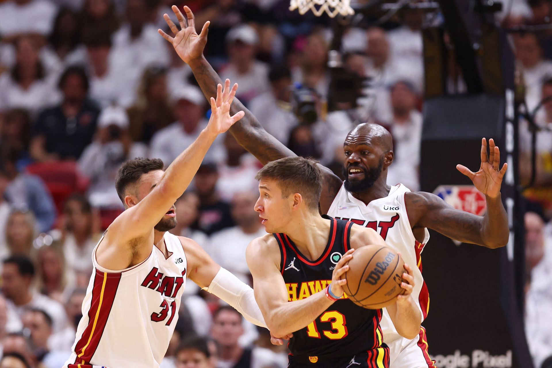 Bogdan Bogdanovic and the Hawks will try to even up the series Tuesday night in Miami.