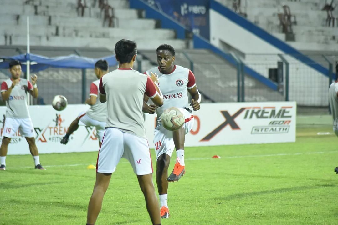 Aizawl FC players during the warm-up before the match against NEROCA FC (Image Courtesy: I-League)
