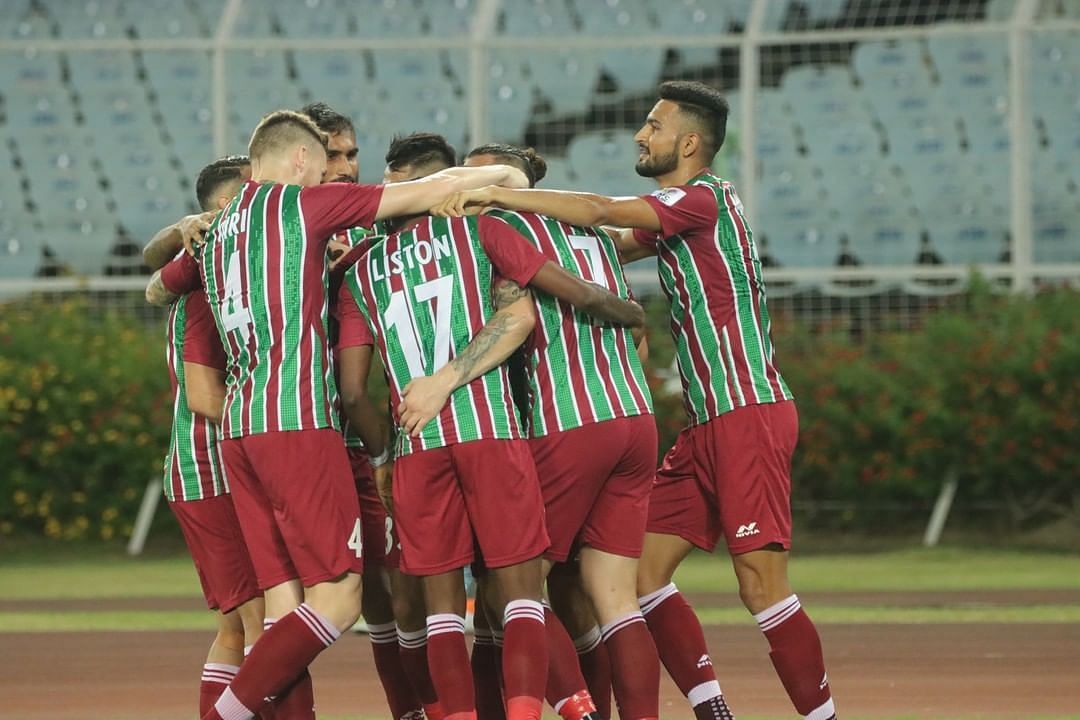 ATK Mohun Bagan players celebrate the David Williams opener against Abahani Limited Dhaka in the play-off (Image Courtesy: ATK Mohun Bagan Instagram)