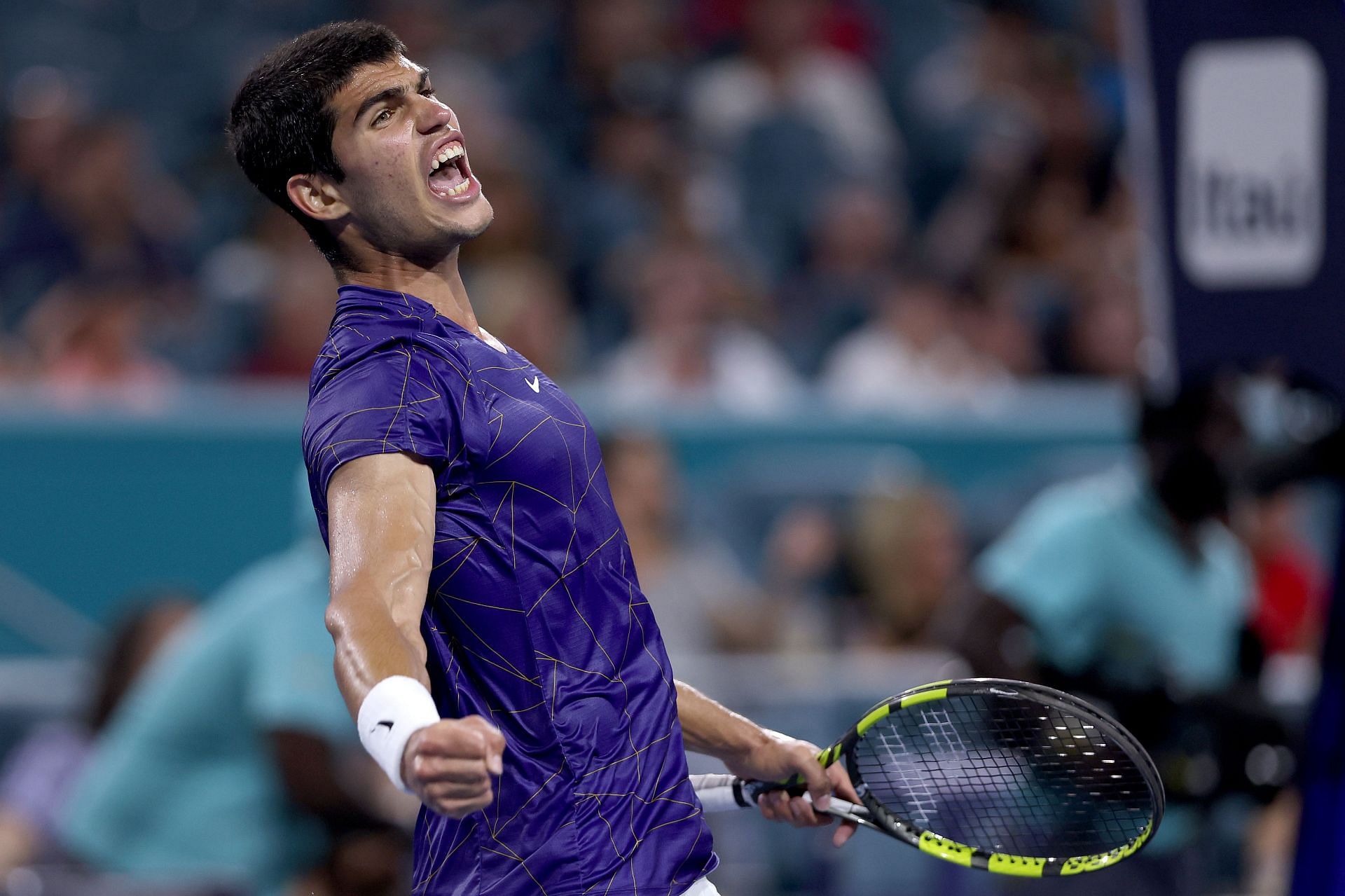 Alcaraz celebrates winning a point against Hubert Hurkacz