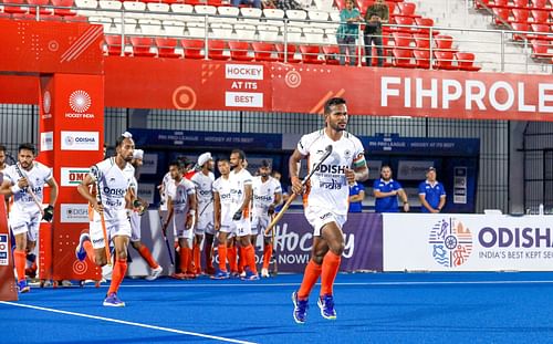 The Indian men's hockey team at an FIH Pro League match. (PC: Hockey India)