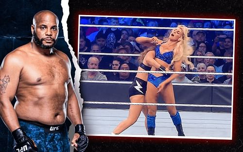 Daniel Cormier reacts to Ronda Rousey vs. Charlotte Flair at WrestleMania 38 [Photo credits: ufc.com | wwe.com]