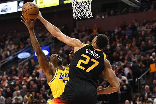 Los Angeles Lakers v Utah Jazz; Rudy Gobert attempts to block Dwight Howard