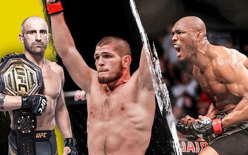 Alexander Volkanovski (left, image via ufc.com), Khabib Nurmagomedov (center) and Kamaru Usman (right) (Images via Getty)