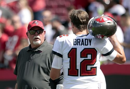 Former Tampa Bay Buccaneers head coach Bruce Arians and quarterback Tom Brady