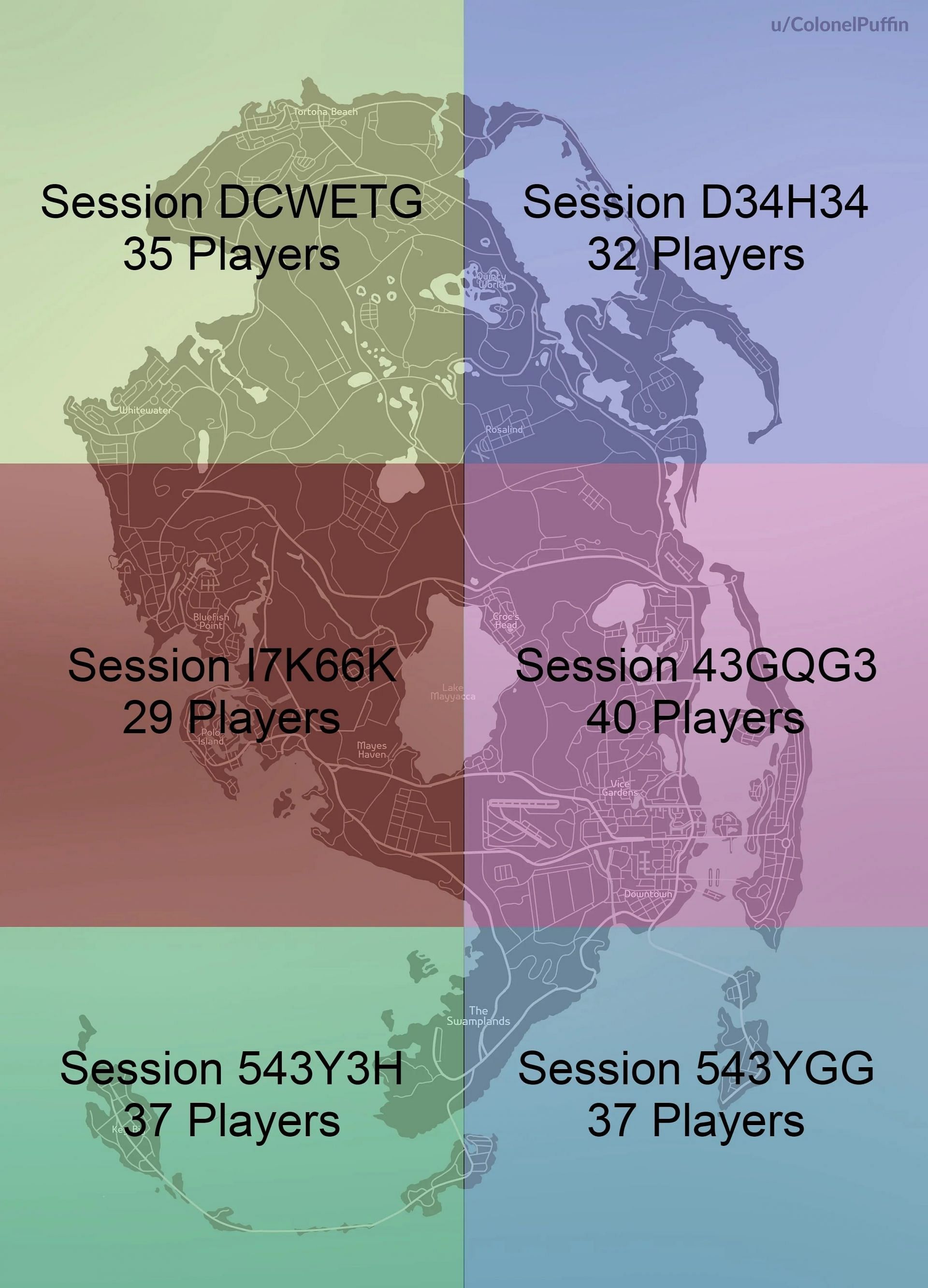 GTA 6 will see separate areas of the map as separate sessions (Image via Reddit/ColonelPuffin)
