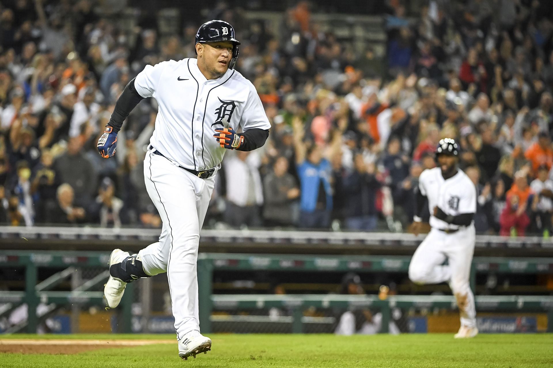 Cabrera runs to first base after hitting a base hit into right field against the Kansas City Royals. 