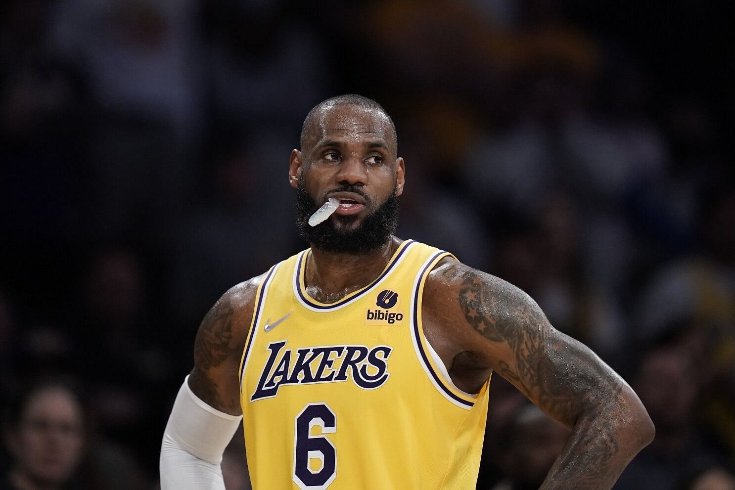 LeBron James sporting the number &#039;6&#039; for the LA Lakers