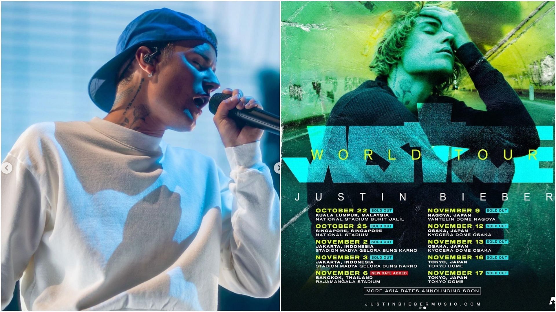 A new show has been added to the Asia Leg of Justin Bieber&#039;s Justice tour. (Images via Instagram / @justinbieber and @aeg)