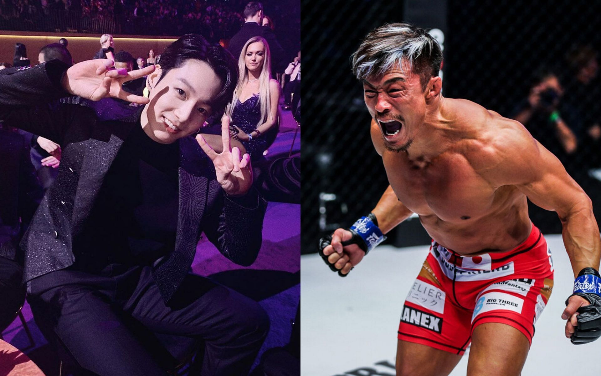 Jungkook (L) of BTS responded to Yoshihiro Akiyama&#039;s (R) challenge for sparring. | [Photos: jungkook.97 on Instagram/ONE Championship]