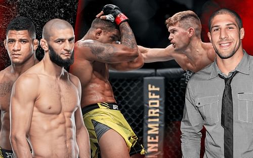 (L-R) Gilbert Burns, Khamzat Chimaev, Burns vs. Thompson, Brendan Schaub [Left images from ufc.com]