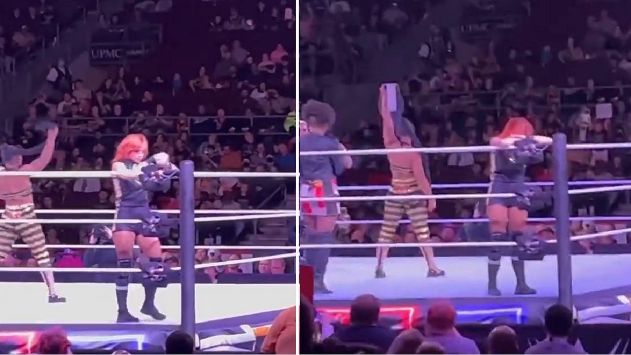 Lynch puts her head down on the turnbuckle when Belair is announced as RAW Women&#039;s Champion.