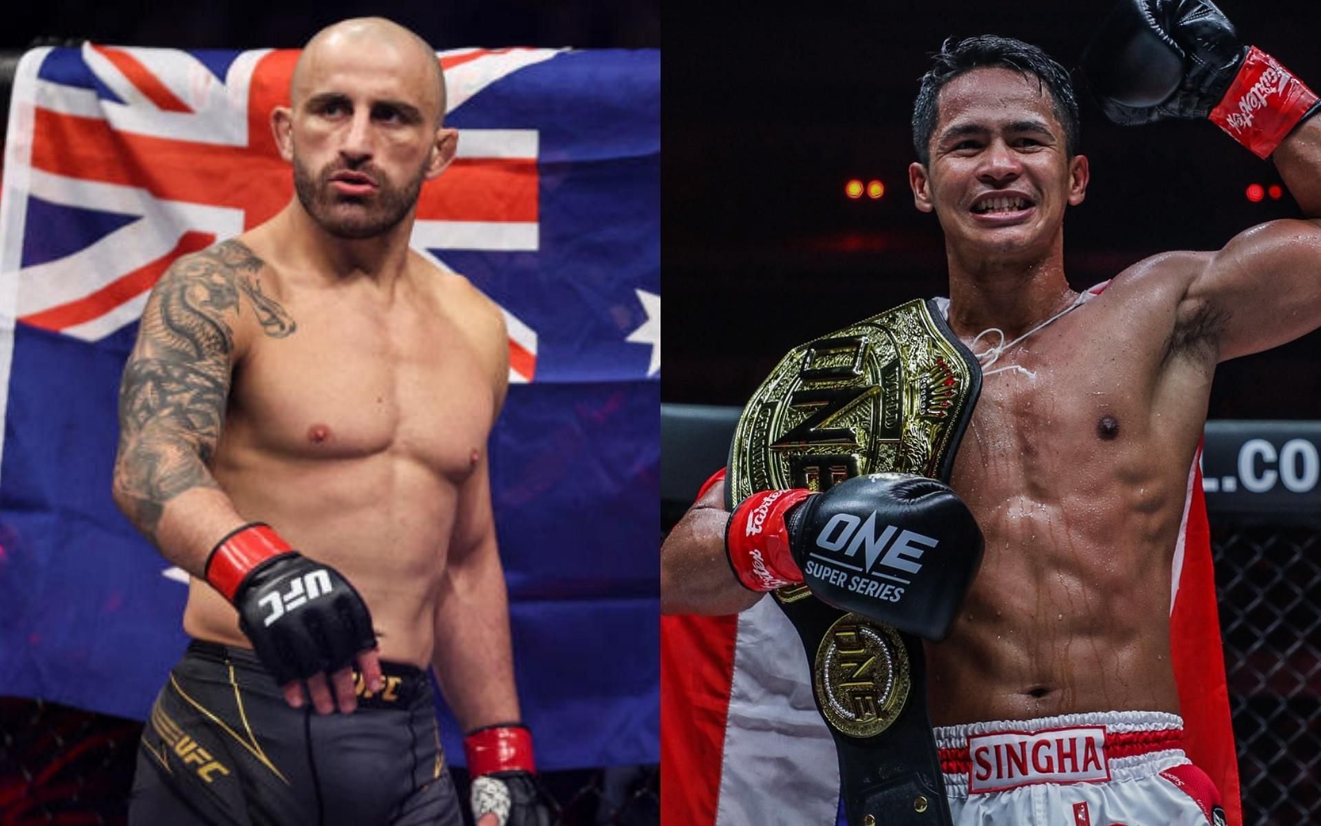 UFC featherweight champion Alexander Volkanovski (left) plans on working with ONE featherweight kickboxing champion Superbon Singha Mawynn (right). (Images courtesy: Getty Images, ONE Championship)