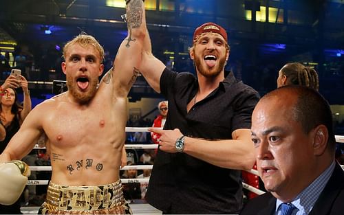 Jake (left) and Logan Paul (center), Scott Coker (right) (Images via Getty)