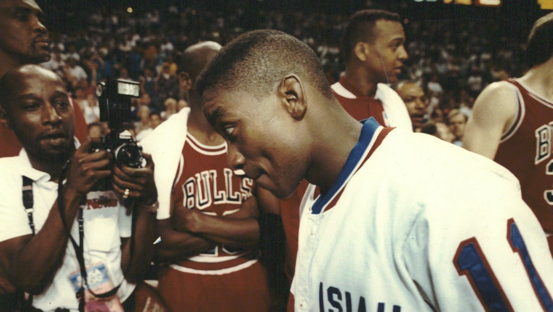 The lasting image of the 1991 Eastern Conference Finals was that of Isiah Thomas scurrying past Michael Jordan and the Chicago Bulls bench. [Photo: Detroit Free Press]