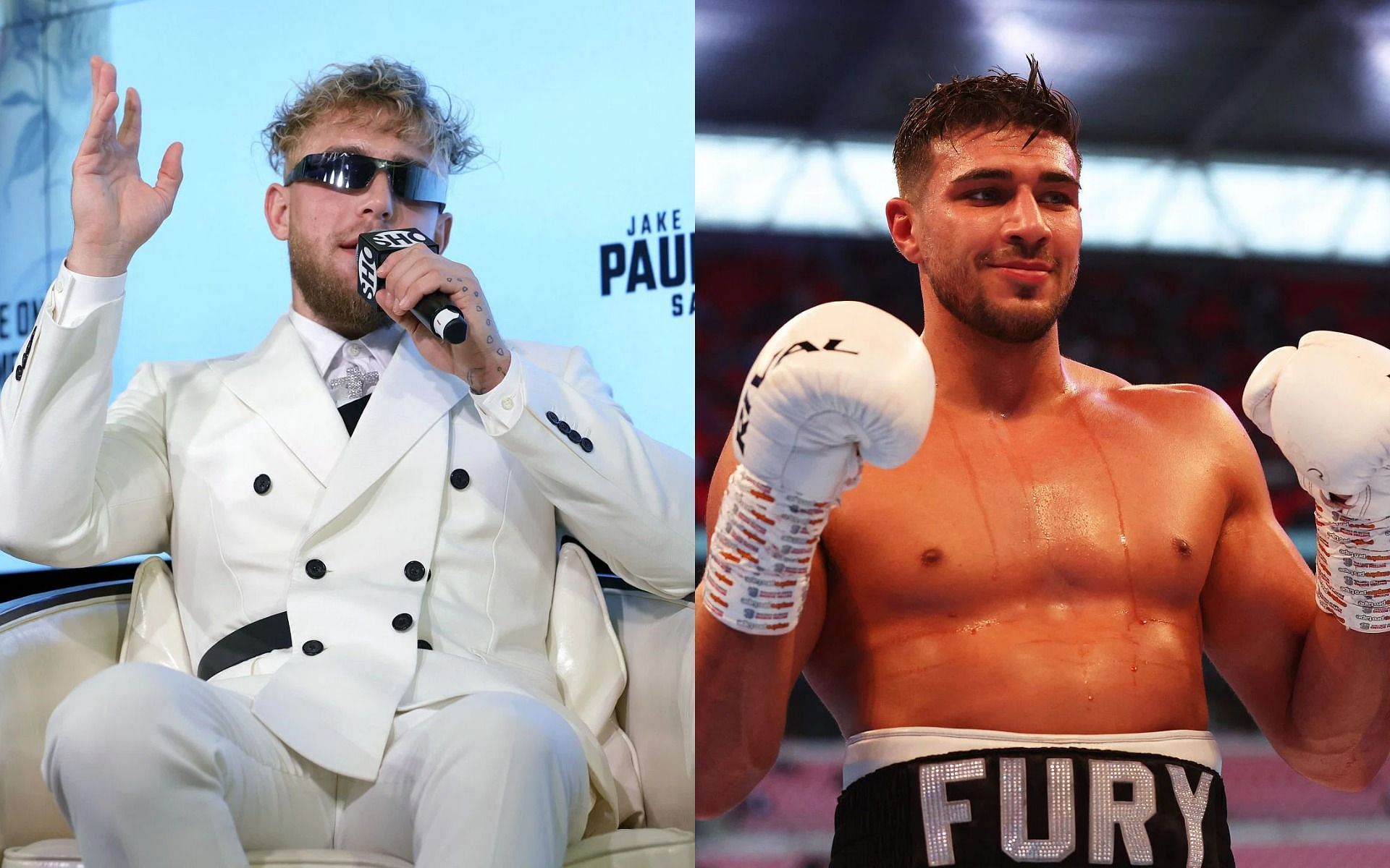 Jake Paul (L) has responded to Tommy Fury (R) calling him out.