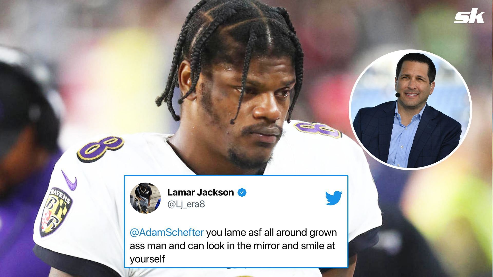 Baltimore Ravens quarterback Lamar Jackon and his tweet to Adam Schefter (Inset: Adam Schefter)