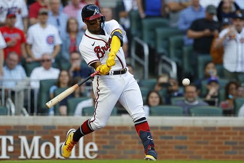 Ronald Acuna Jr. connects with a pitch during a Chicago Cubs v Atlanta Braves game.