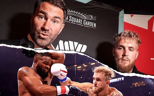 Eddie Hearn and Jake Paul (Top) (via @Fight Hub TV on YouTube) and Paul vs. Woodley (Bottom)