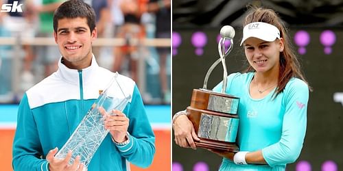 Alcaraz with the 2022 Miami Open trophy (L), Kudermetova with the 2021 Charleston Open trophy