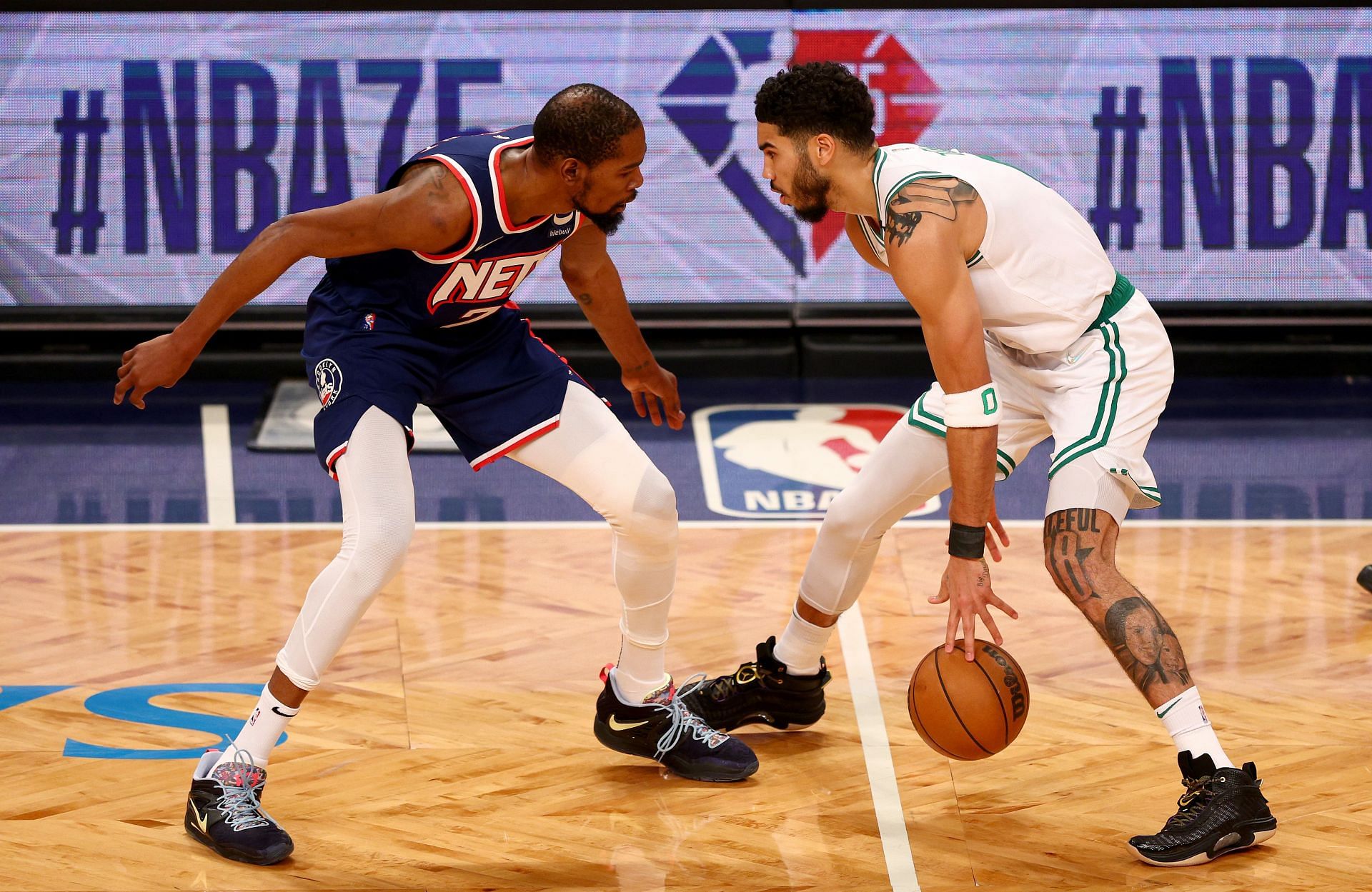 Boston Celtics v Brooklyn Nets - Game Four; Jayson Tatum handles the ball against Kevin Durant