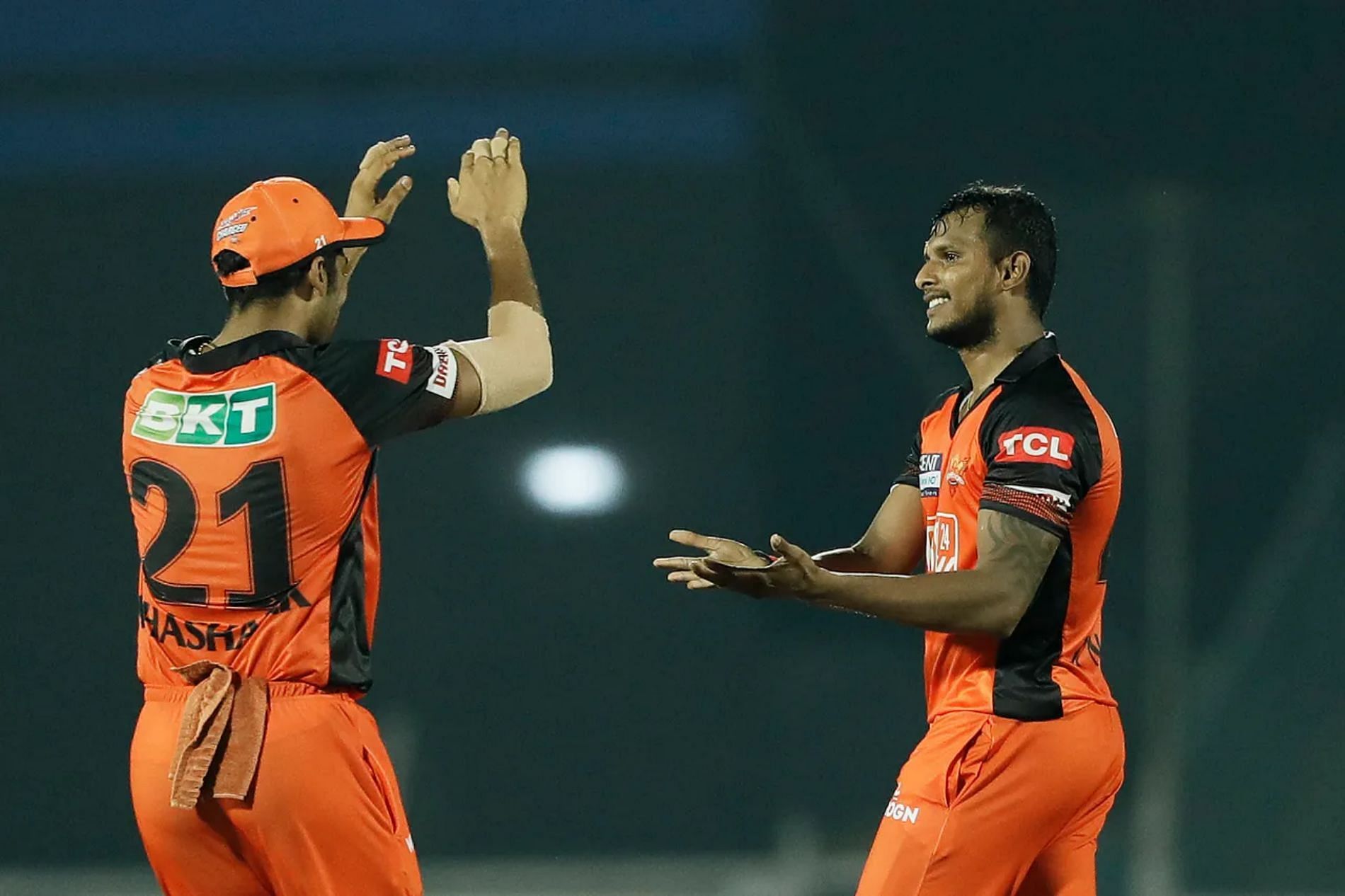 T Natarajan (right) celebrates a wicket. Pic: IPLT20.COM