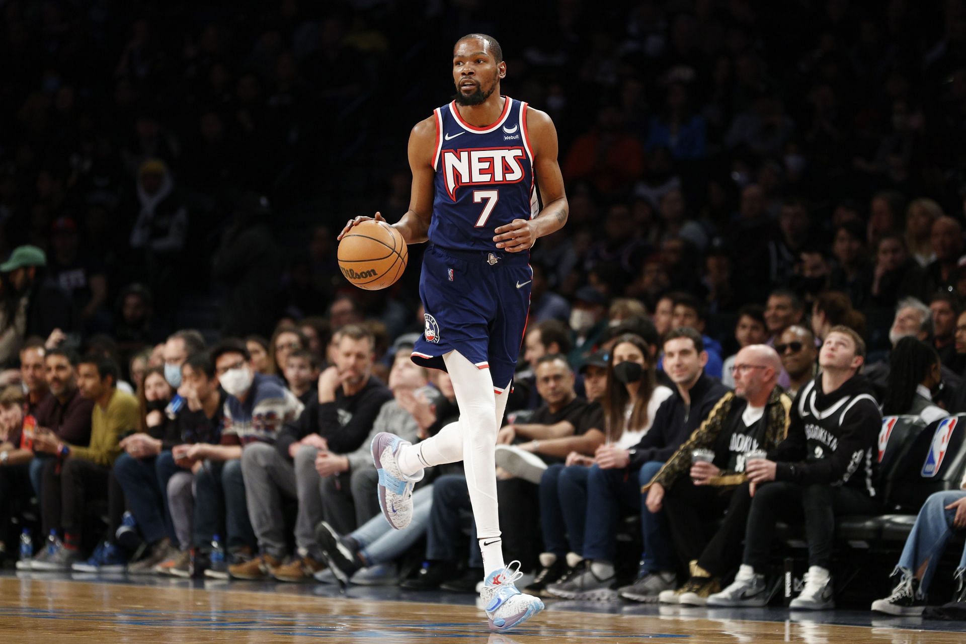 Kevin Durant of the Brooklyn Nets dribbles during the first half against the Indiana Pacers at Barclays Center on Sunday in the Brooklyn borough of New York City.