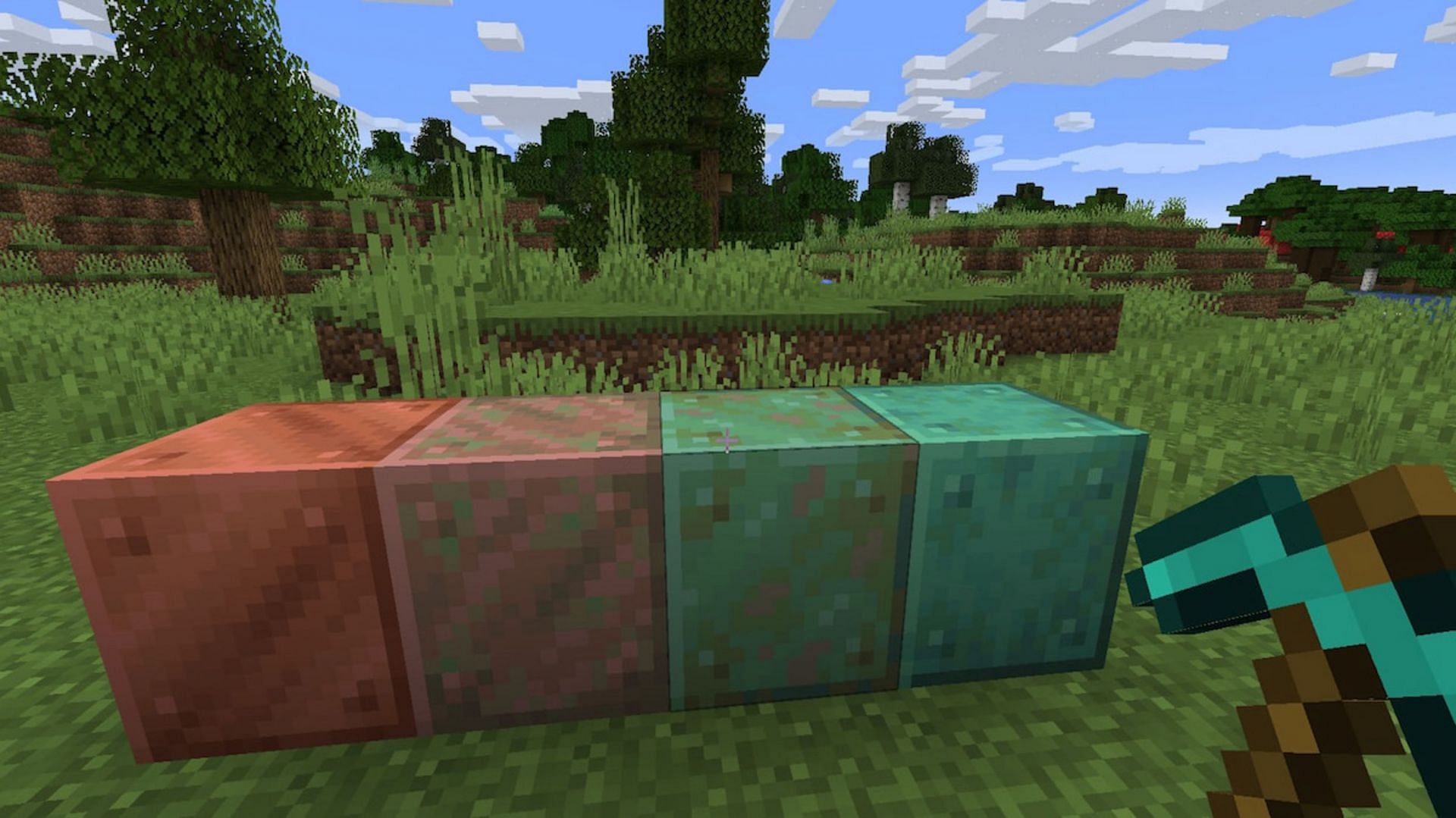 Copper blocks in different stages of oxidation (Image via Mojang)