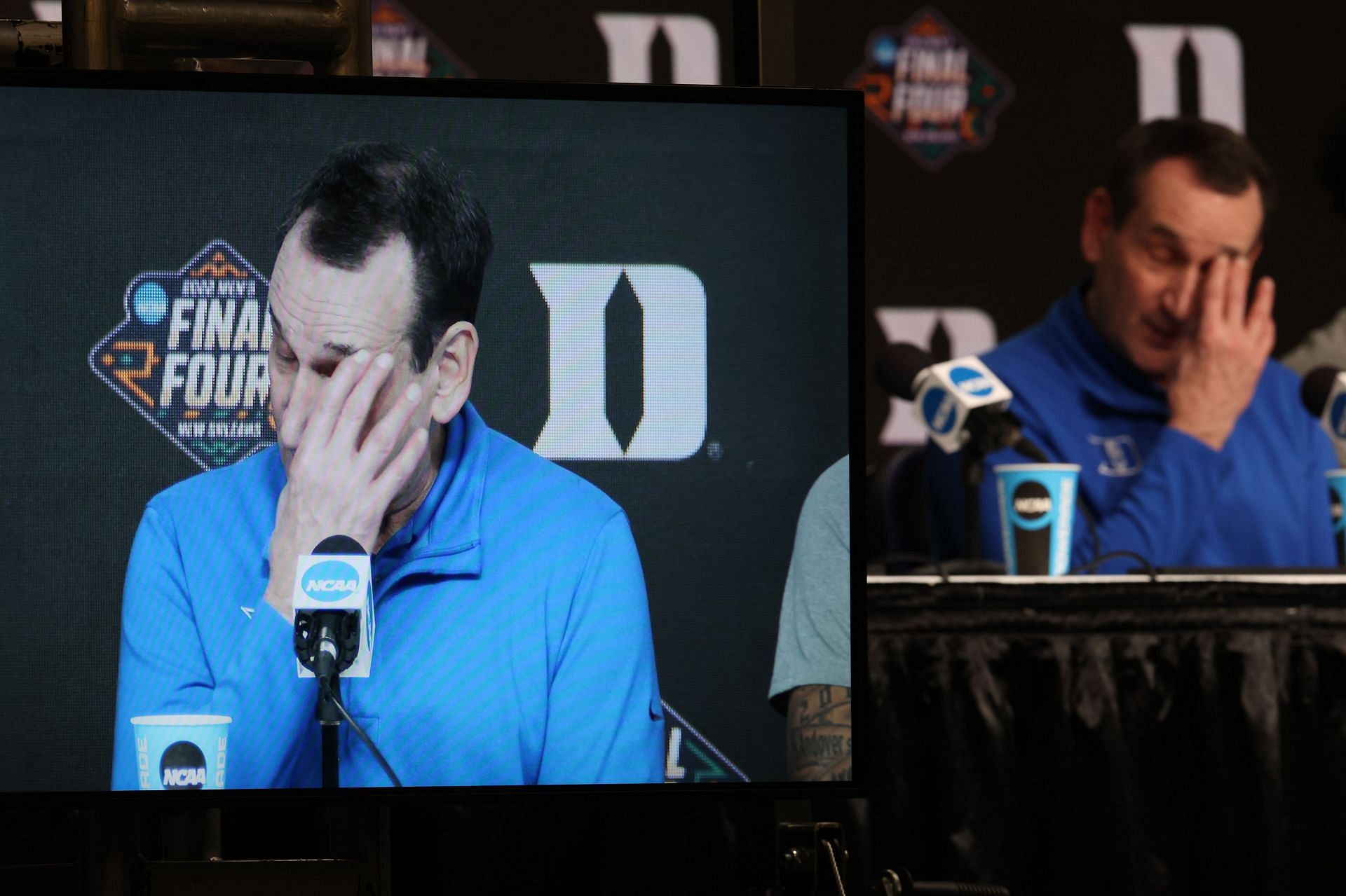 Coach K wipes his eyes after Duke&#039;s elimination from March Madness.