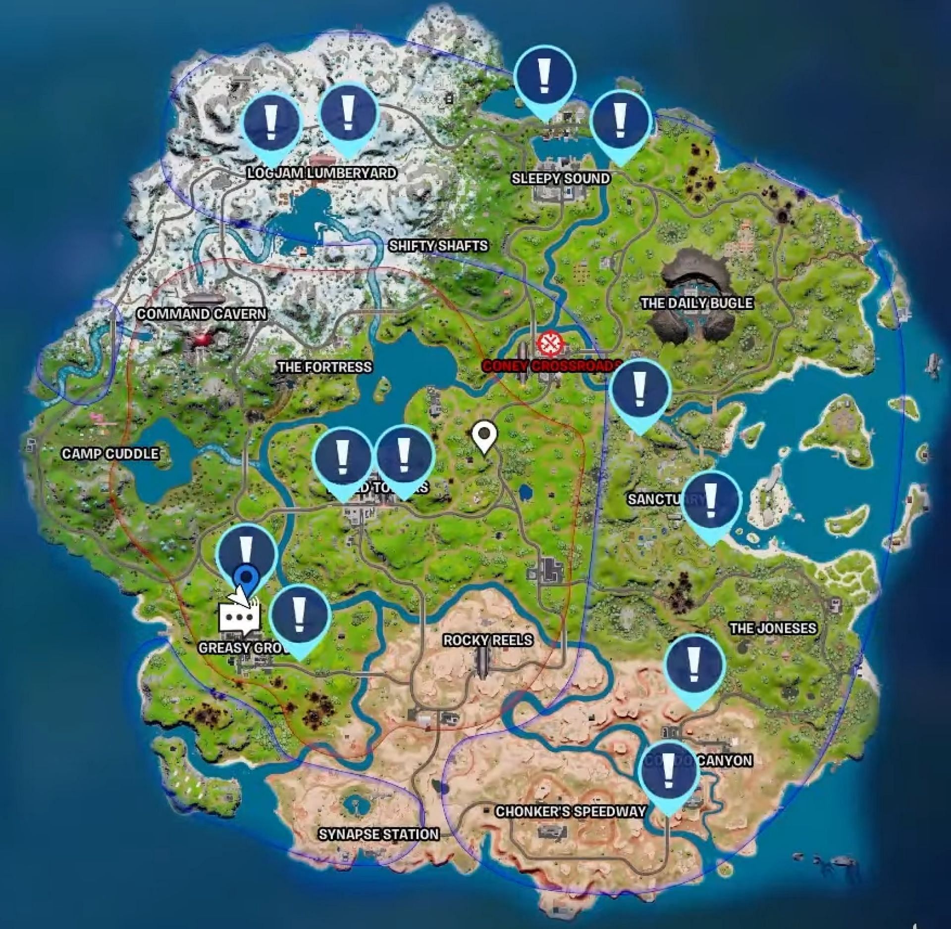 Device Uplink locations for the first Covert Ops Fortnite Challenge (Image via YouTube/Perfect Score)