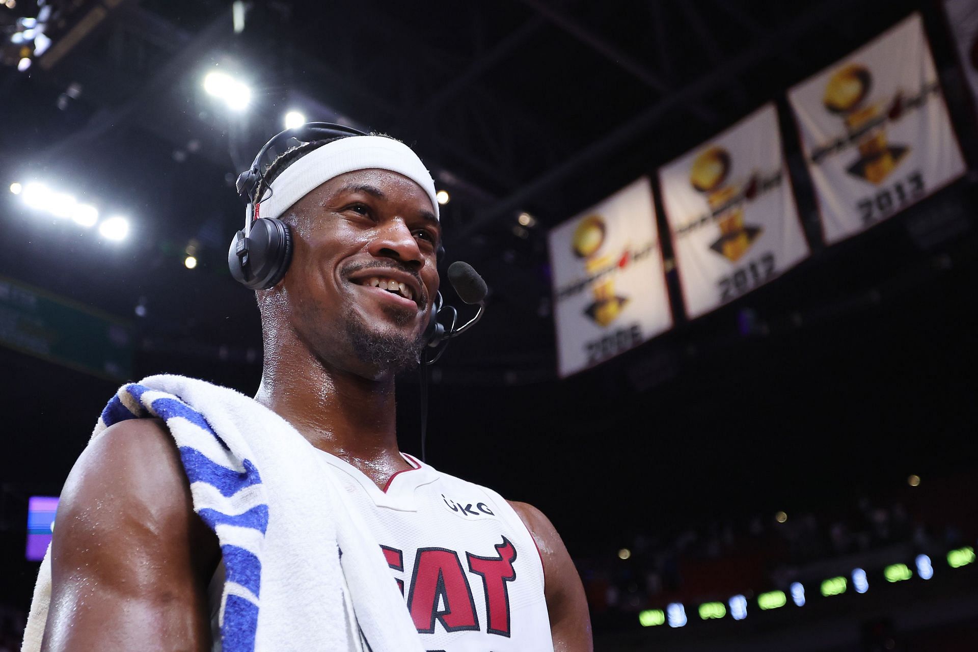 Jimmy Butler of the Miami Heat gives a postgame interview after Game 2.