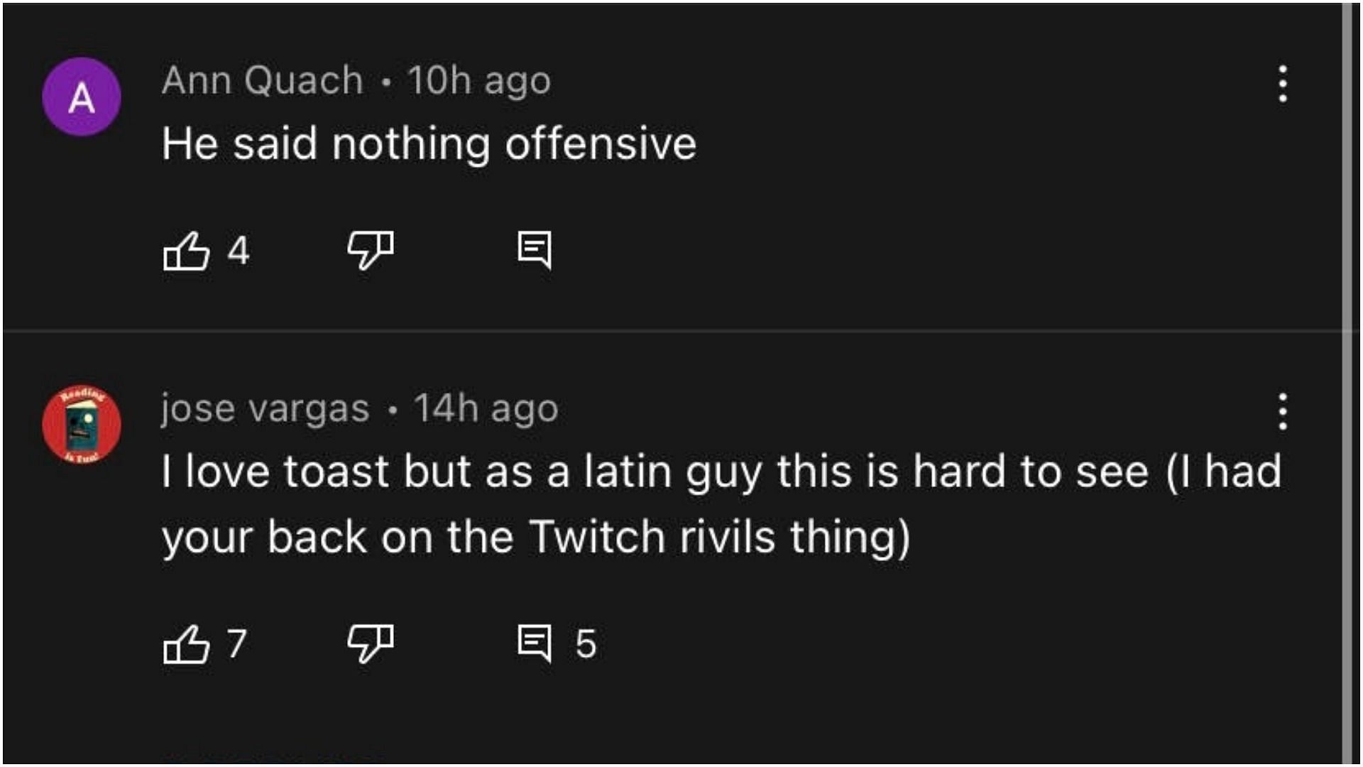 Commenters were split on whether what Toast said could be considered offensive (Image via YouTube)