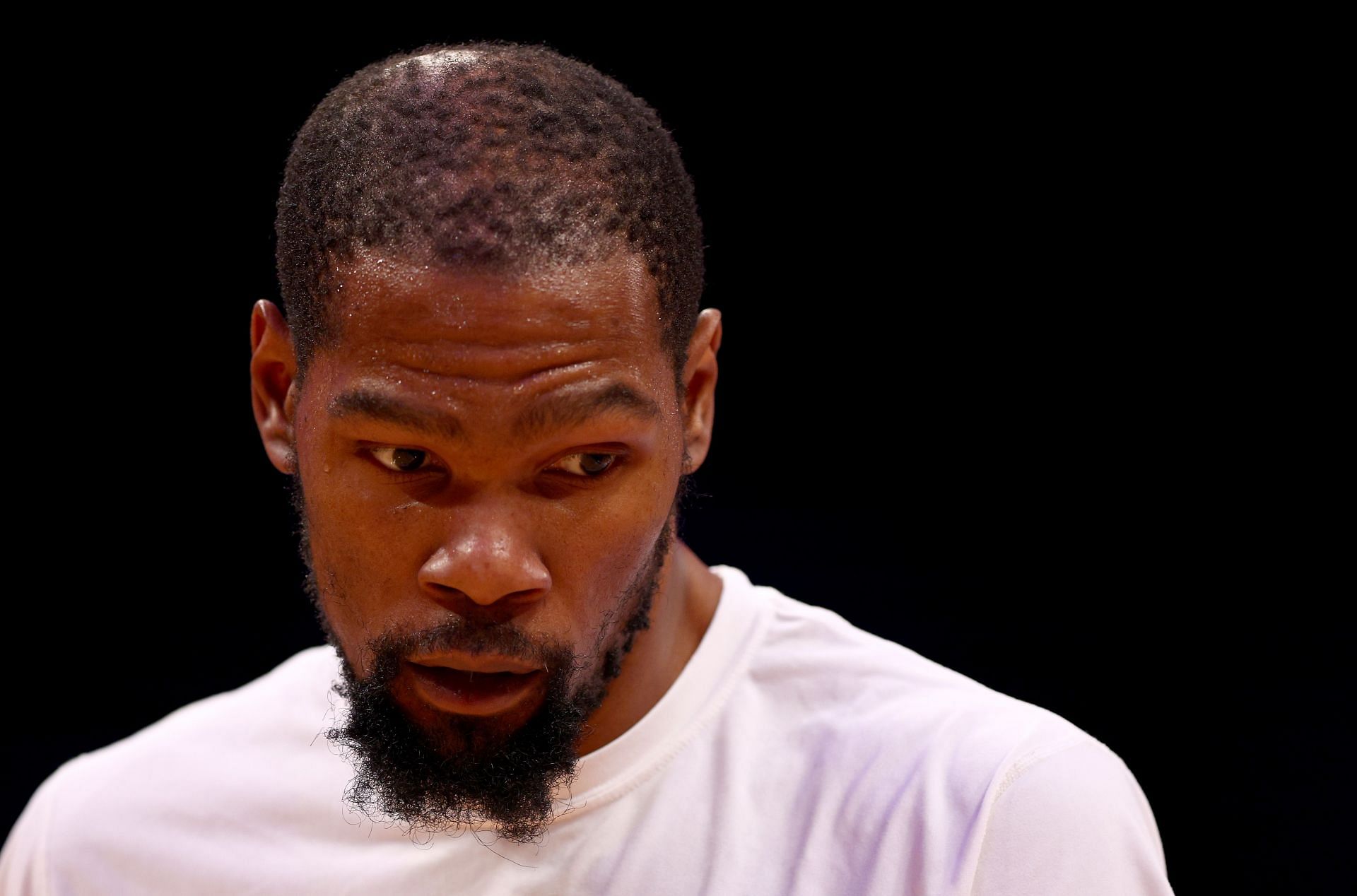 Kevin Durant #7 of the Brooklyn Nets warms up before Game Four of the Eastern Conference First Round Playoffs against the Boston Celtics at Barclays Center on April 25, 2022 in the Brooklyn borough of New York City