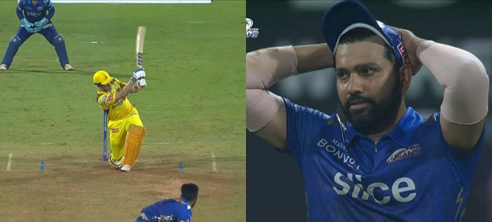 (Left) MSD hits the winning runs; (Right) Rohit Sharma reacts after another MI loss. Pic: IPLT20.COM