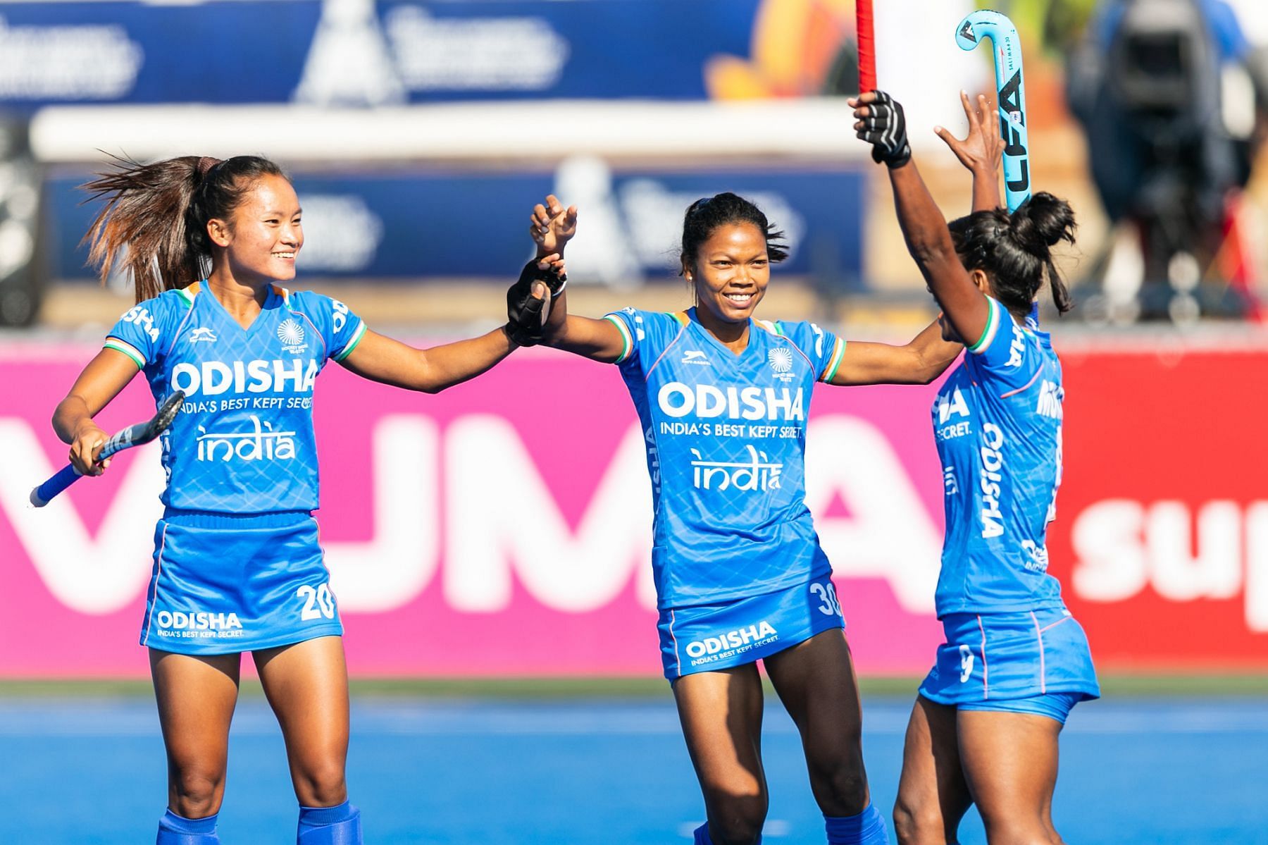 Indian skipper Salima Tete (center) celebrates a goal with her teammates. (PC: Hockey India)